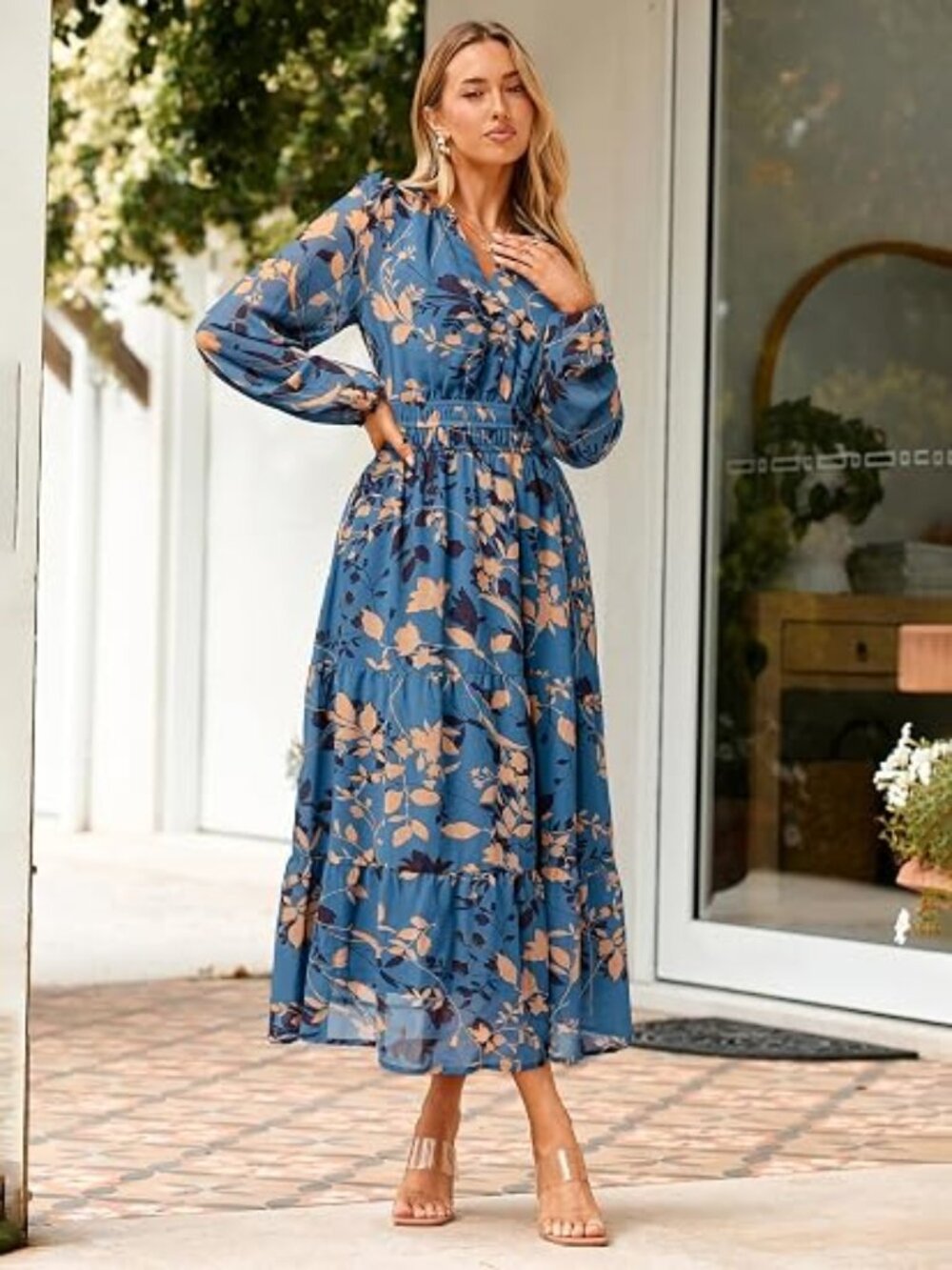 Women's Floral Boho Long Sleeve Maxi Dress V Neck Empire Waist Swing Flowy Weddi